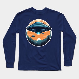 Blue flying saucer on sunset landscape with trees Long Sleeve T-Shirt